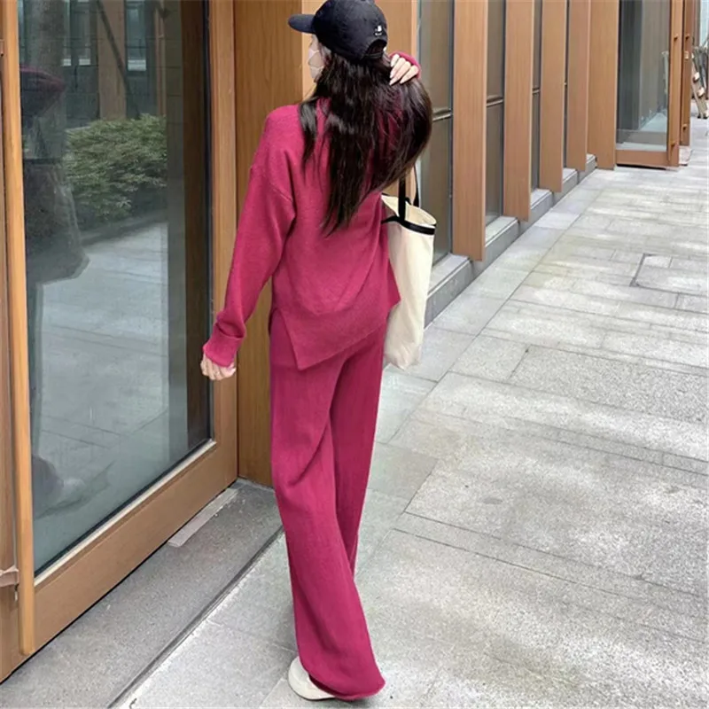 Woman Elegant Pantsuit Suit Female Knit Sweater Pullover and  Pant Ladies Two-piece Set Pleated Trouser Outfits Femme G597