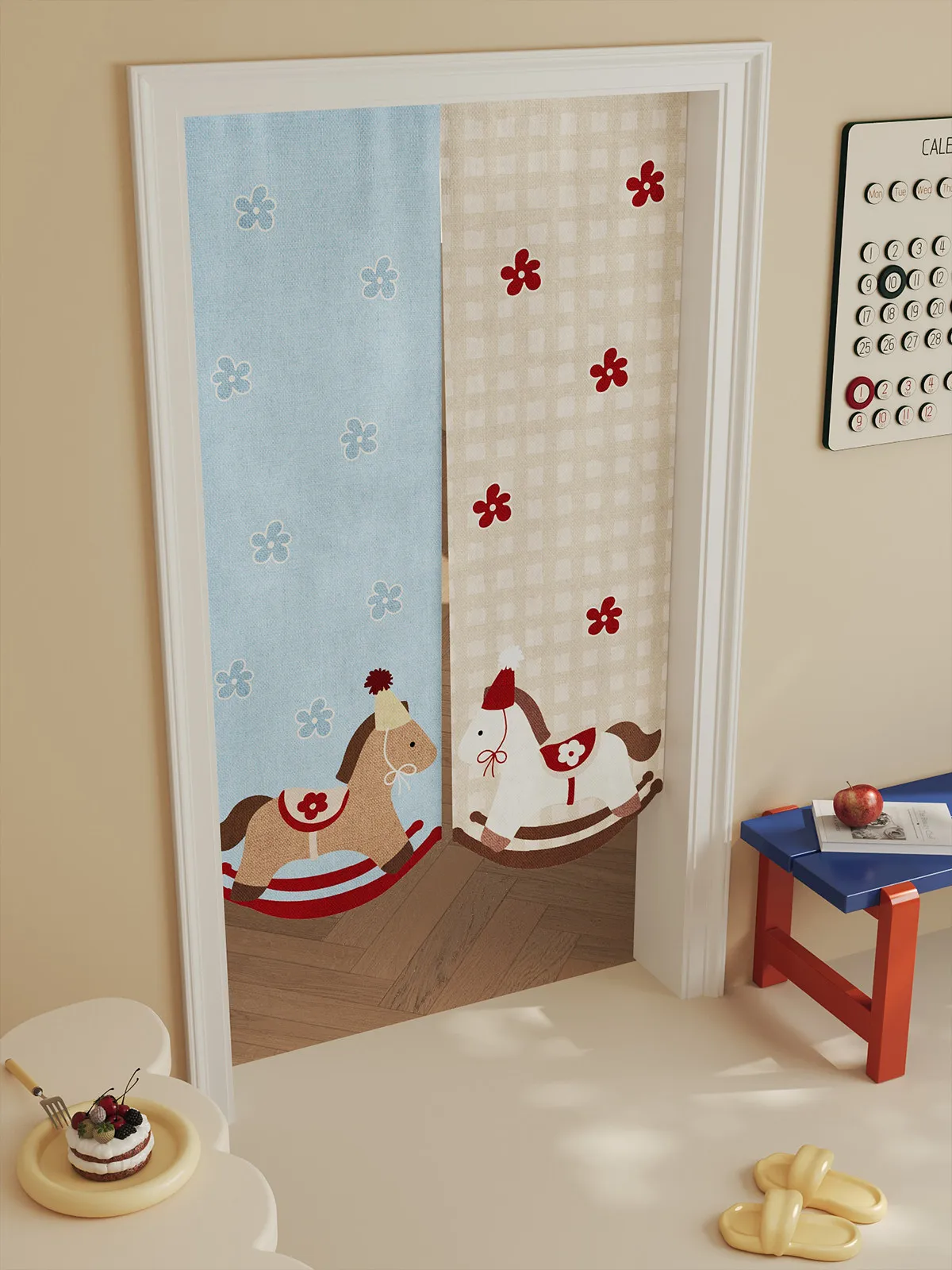 VIKAMA Rocking Horse Noren Door Curtain Red Plaid Floral Hanging Curtain Kids Bedroom Door Privacy Room Divider Decor