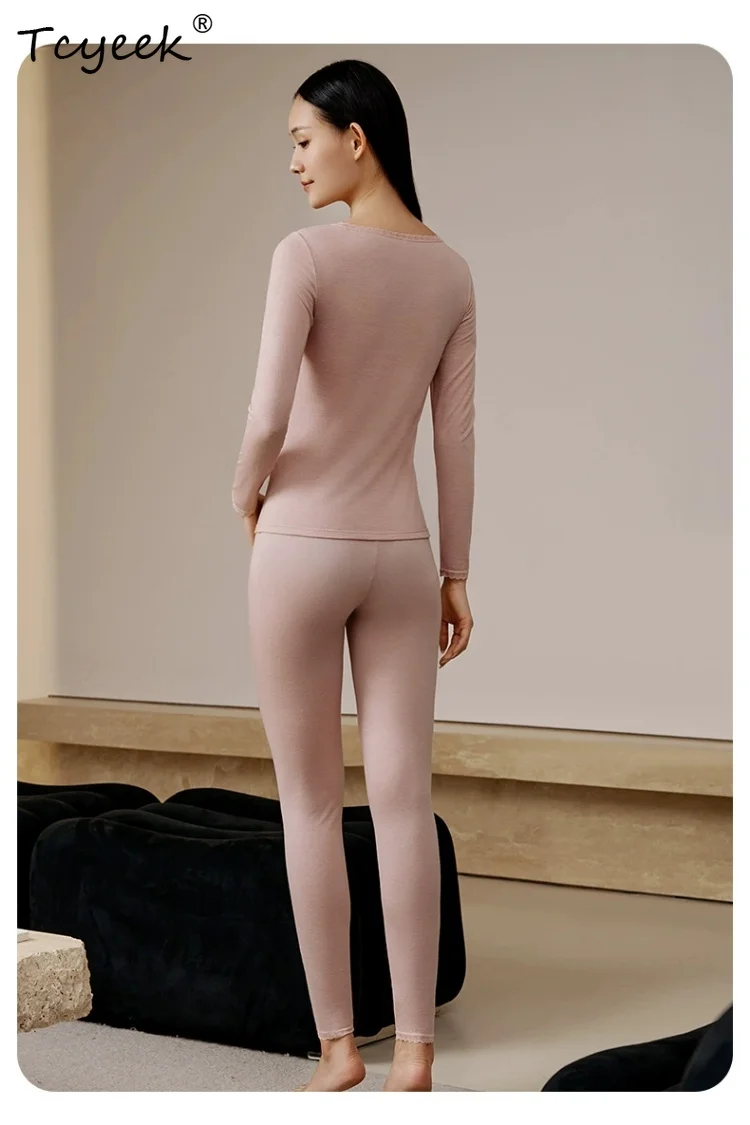 

Tcyeek, Silk Wool Warm Underwear Set With Pad, Women Long Sleeve Lace Top, Basics Bottom Long Johns, 2024 Fall Winter S487102Q