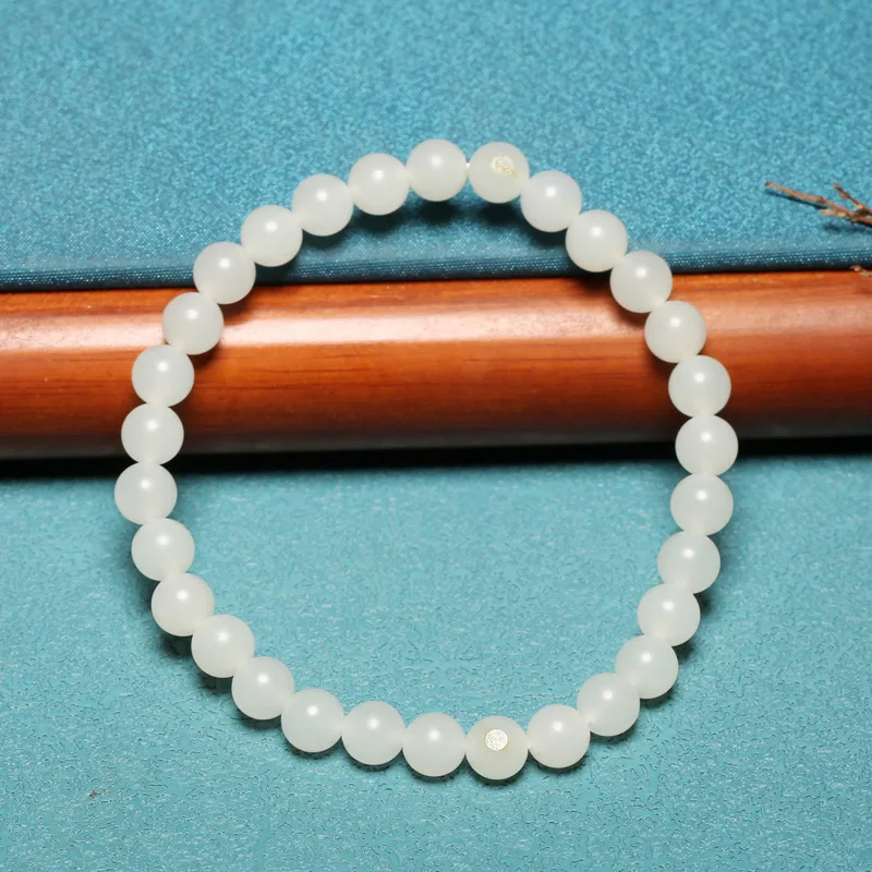 Hetian Seed Bead Bracelet, Natural , Old Material, Mutton-Fat White Jade, 6Mm Round Beads, Women'S Style, High