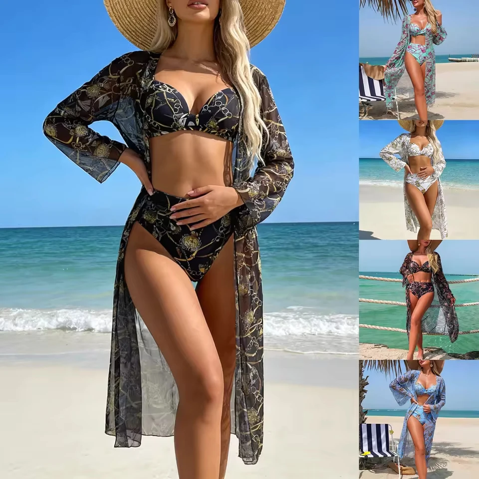 Womens High Waisted Bikini Sets Sporty Three Piece Swimsuits Color Block High Cut Bathing Suits New High Elastic Bikini Set