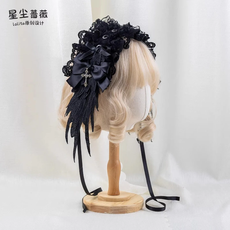 Handmade Black Lolita Bow Lace Original Hair Accessories Lo Sparrow Feathers Dark Flat Hat Bnt Lace Bow Headband Female