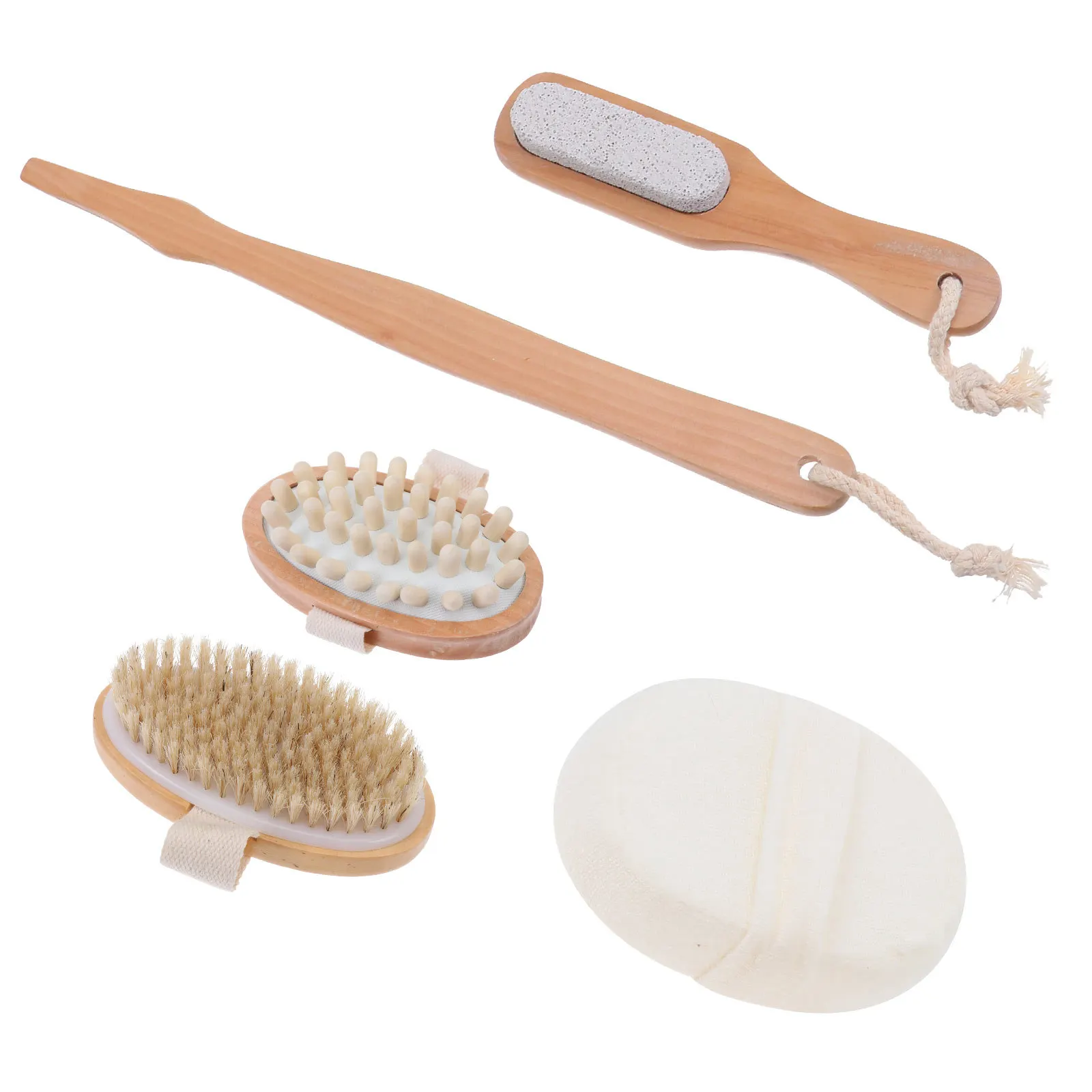 

1Set Natural Wood Pig Bristle Foot Brush Set Dual Sided Exfoliating Scrub Bathing Brush for Feet Back Cleaning Massage Travel