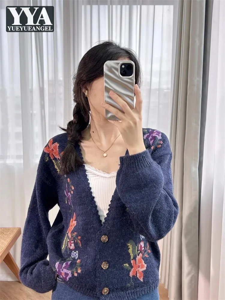 Women Woolen Knitted Sweater Cardigan Jacket Autumn Winter Vintage Flower Embroidery Long Sleeve V-Neck Harajuku Casual Knitwear