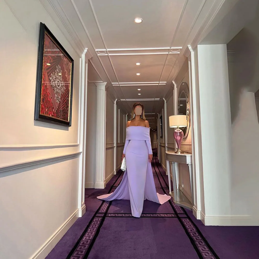 

Simple Off Shoulder Boat Neck Evening Dress Long Sleeves Mermaid Prom Dresses Detachable Train Evening Gown estido formatura