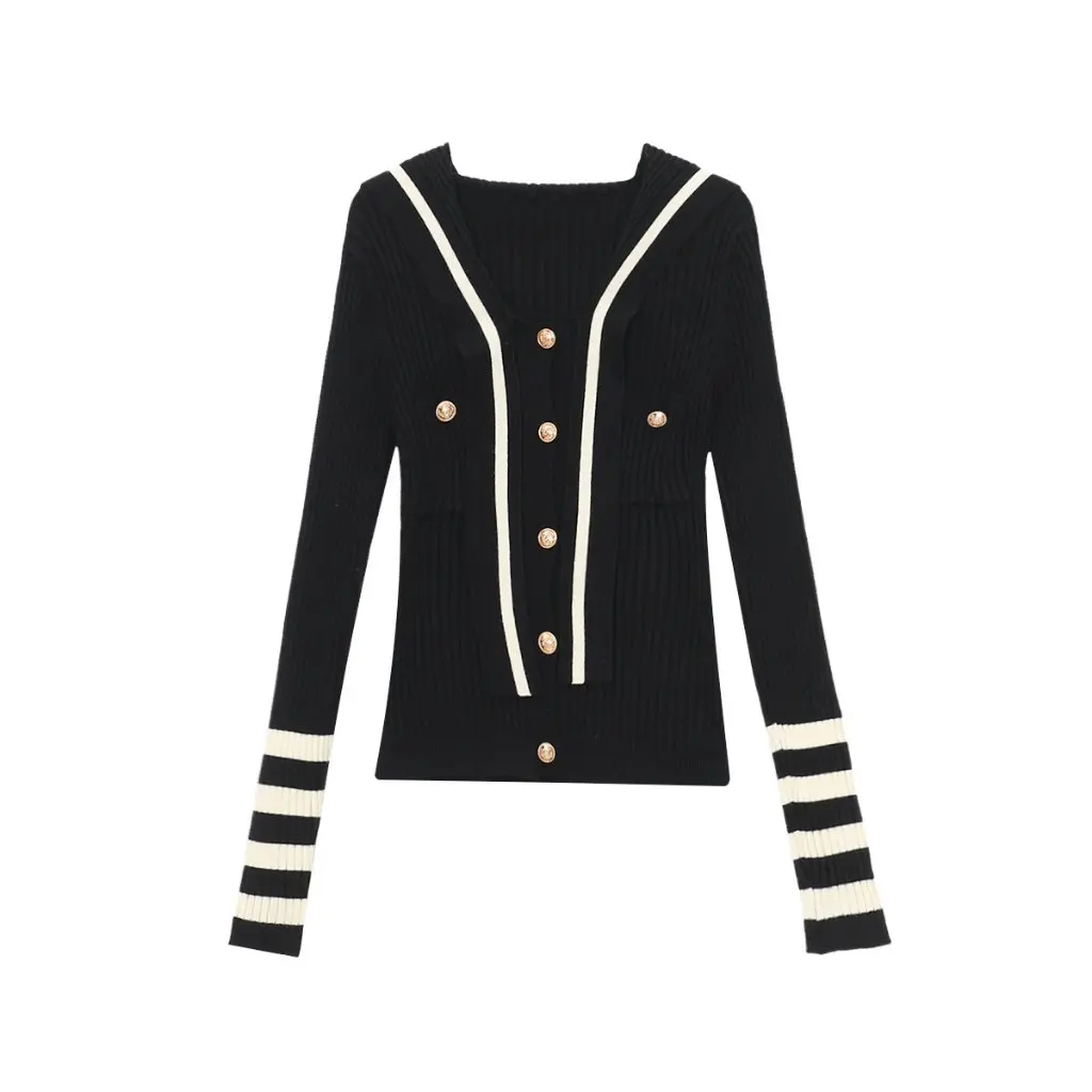 

Женский черный темно-синий свитер с воротником, кардиган, облегающий осенне-зимний топ в студенческом стиле с короткими лацканами