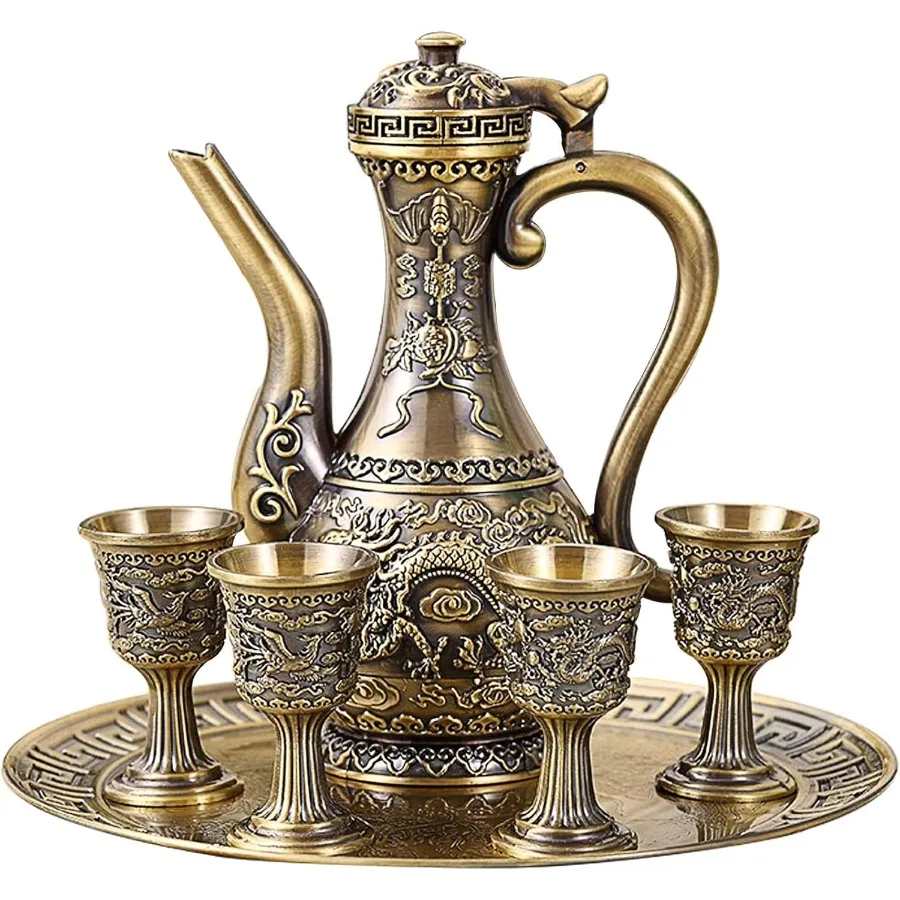 

Vintage Turkish Coffee Pot and Cups SetTeapot Tea Service Set Including 4 Metal Cups and Tea Tray for Tea Table Decor Wedding O