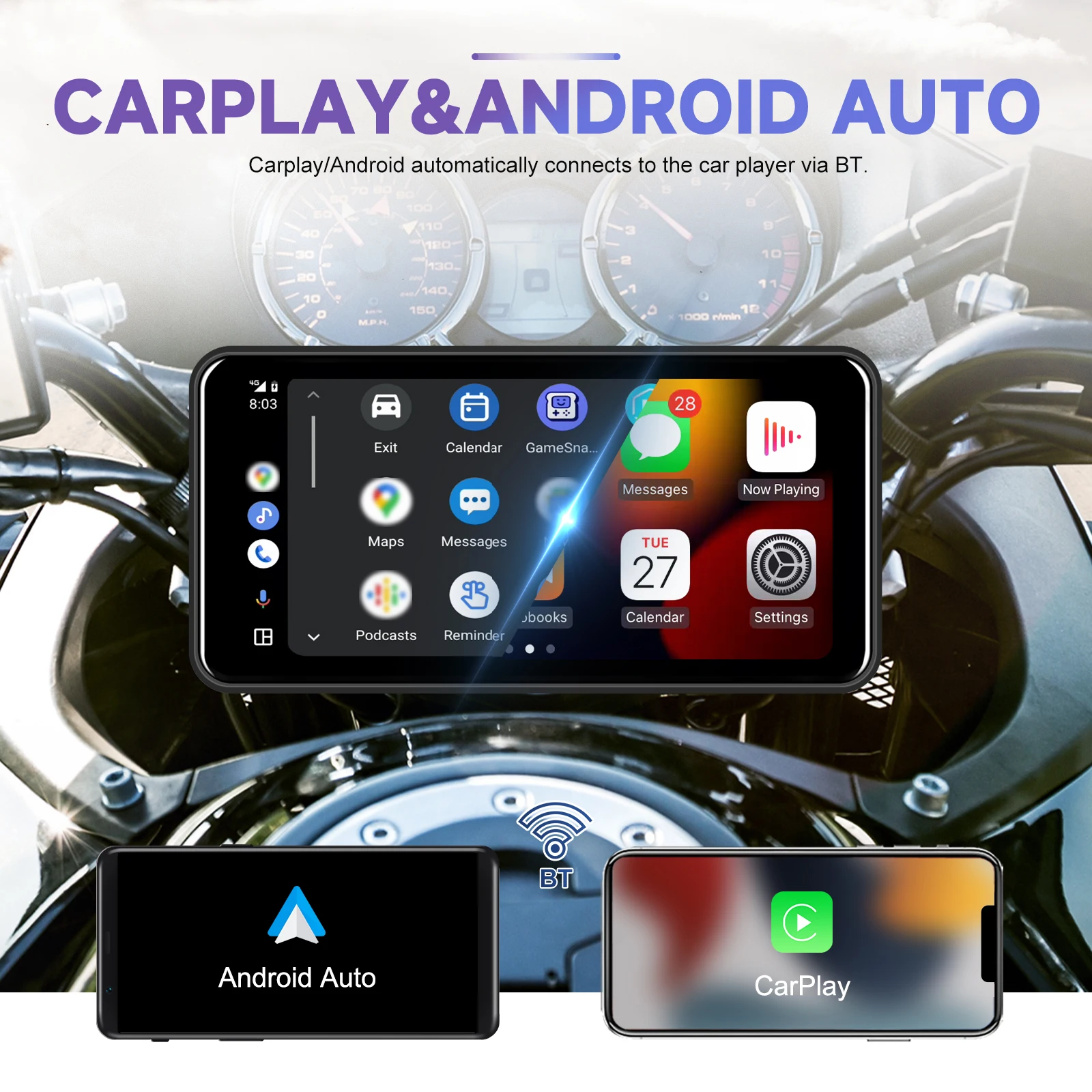 Podofo Cruscotto per Moto 6.25" IP68 Impermeabile Navigatore GPS per Moto con CarPlay Wireless e Android Auto Schermo Touch Registratore DVR per Moto