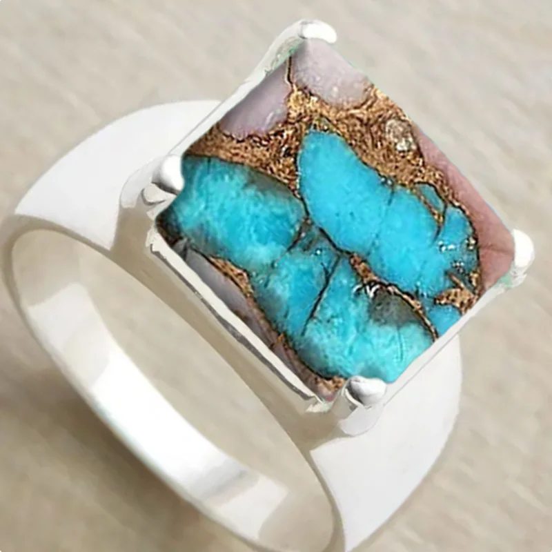 Boho Chic Blue Resin Ring - Unique Geometric Design, Perfect for Birthday/Anniversary Gift | Plated White Gold Anniversary Party