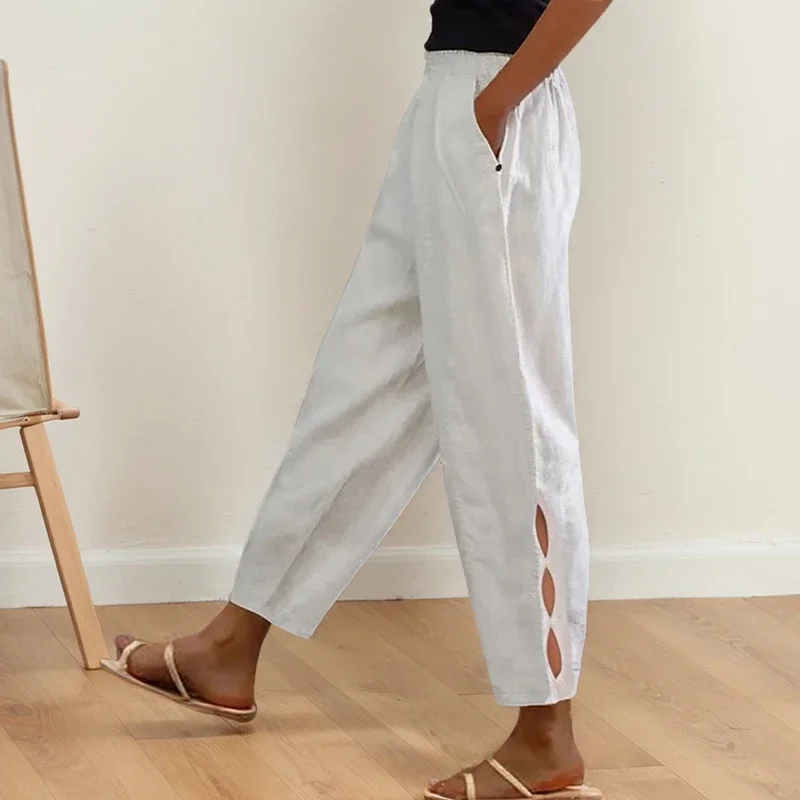 

Fashion Side Trouser Legs Hollow Trousers Korean Simple Solid Color Cotton And Linen Pocket Button Decorate Elastic Waist Pants