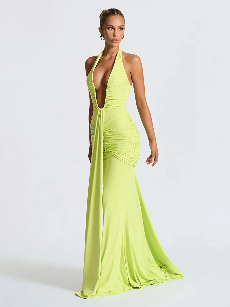 Weird Puss Backless Tassel Dress Women Peach Buttock Pleated Patchwork Solid Halter Sleeveless Midnight Clubwear Party Vestidos