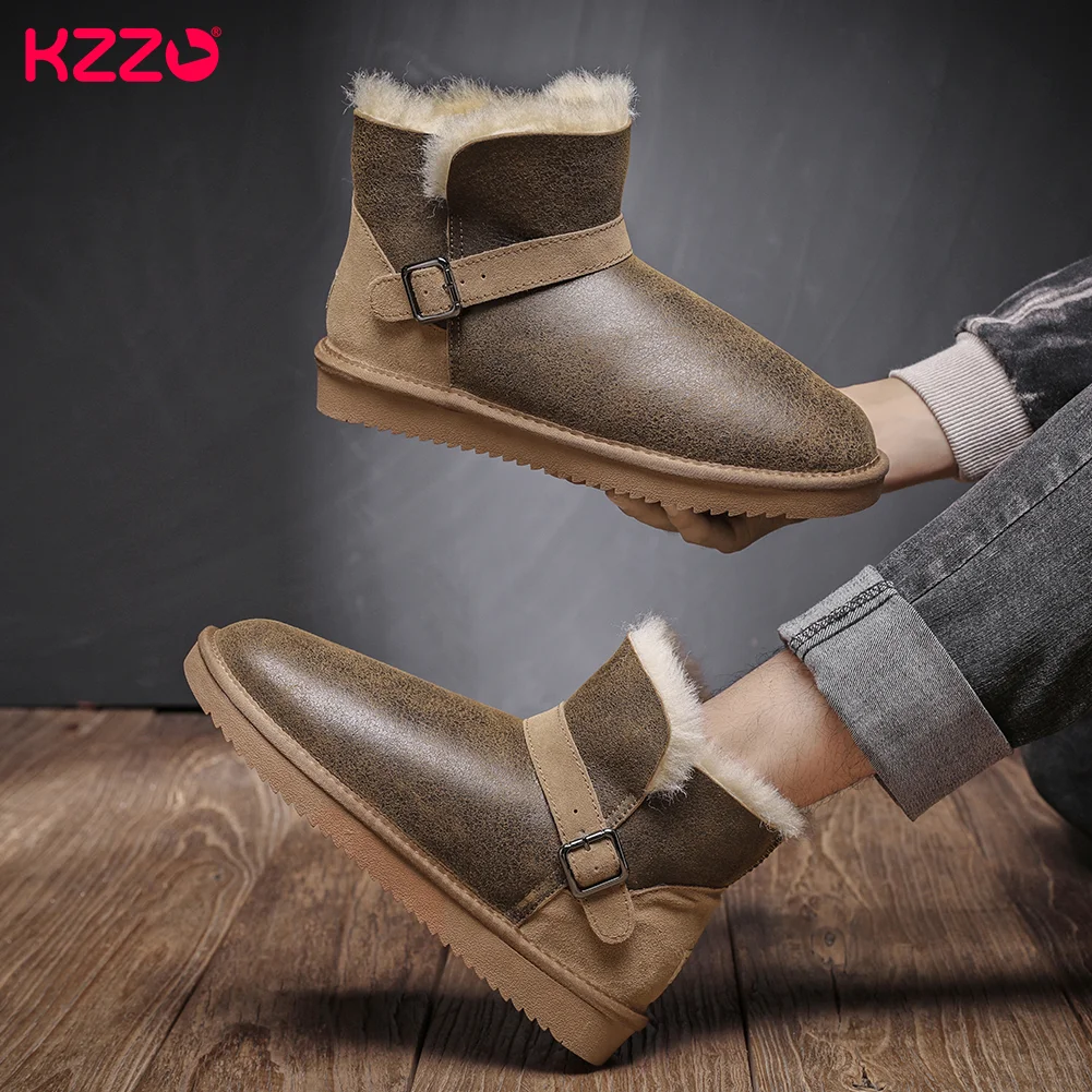 KZZO Men\'s Size 37-48 Australia Snow Boots Winter Waterproof Sheepskin Leather Natural Fur Wool Lined Ankle Warm Shoes Black