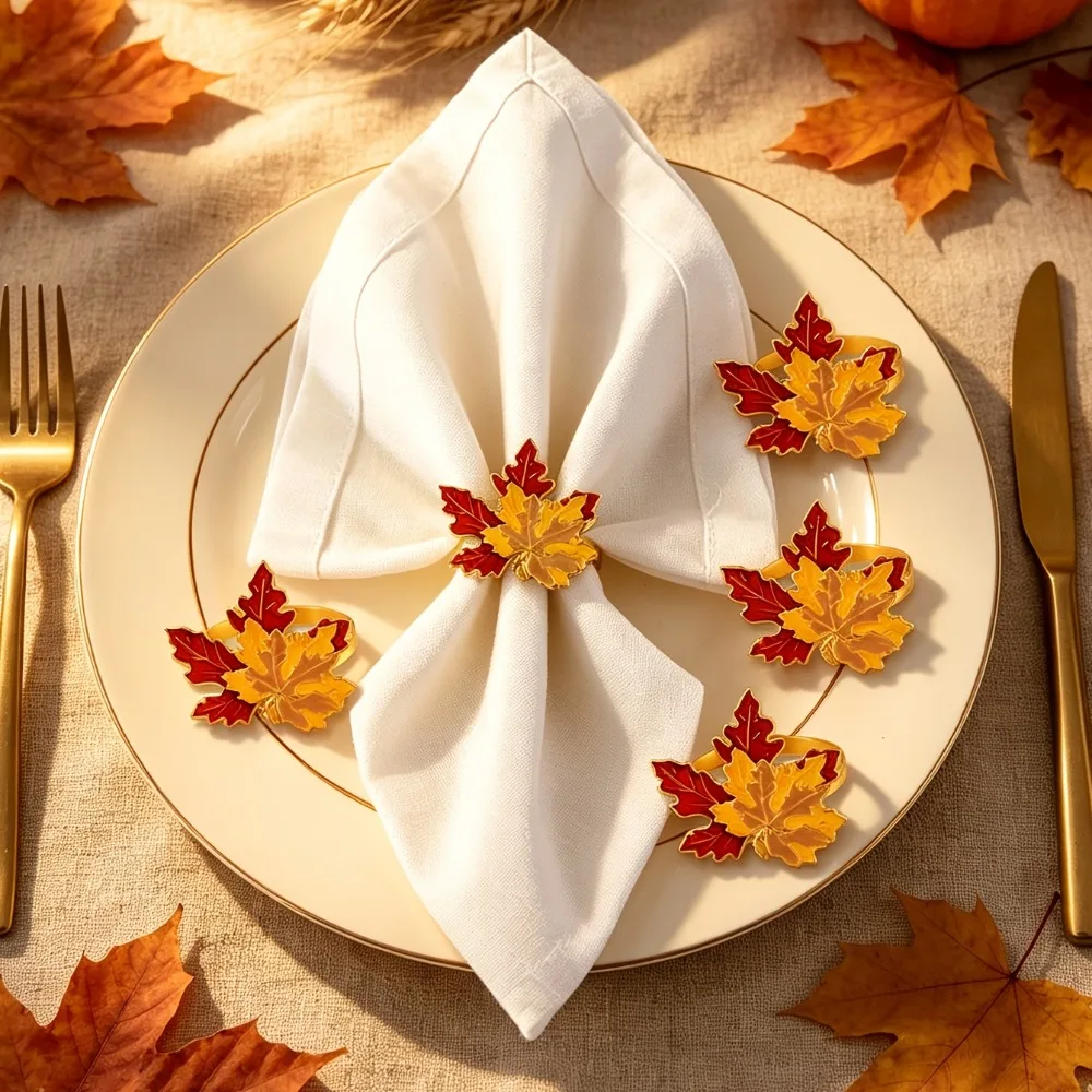 6pcs Maple Leaf Metal Napkin Rings Fall Autumn Thanksgiving Halloween Family Wedding Table Decor Party Supplies
