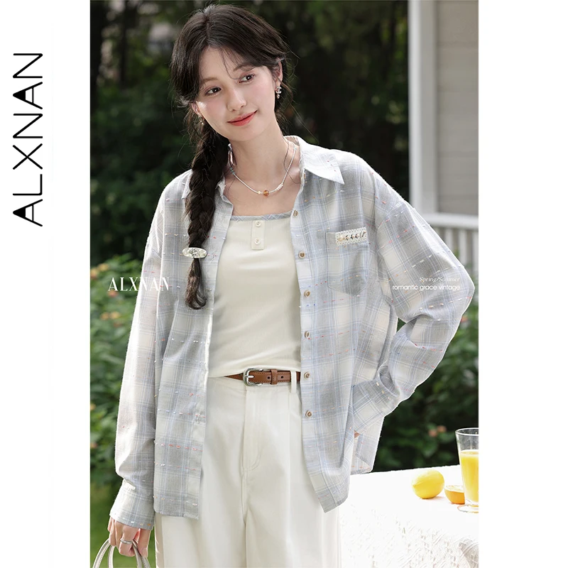 

ALXNAN синяя клетчатая рубашка женская с длинным рукавом защита от солнца тонкие хлопковые блузки повседневный элегантный свободный женский кардиган L55979-1