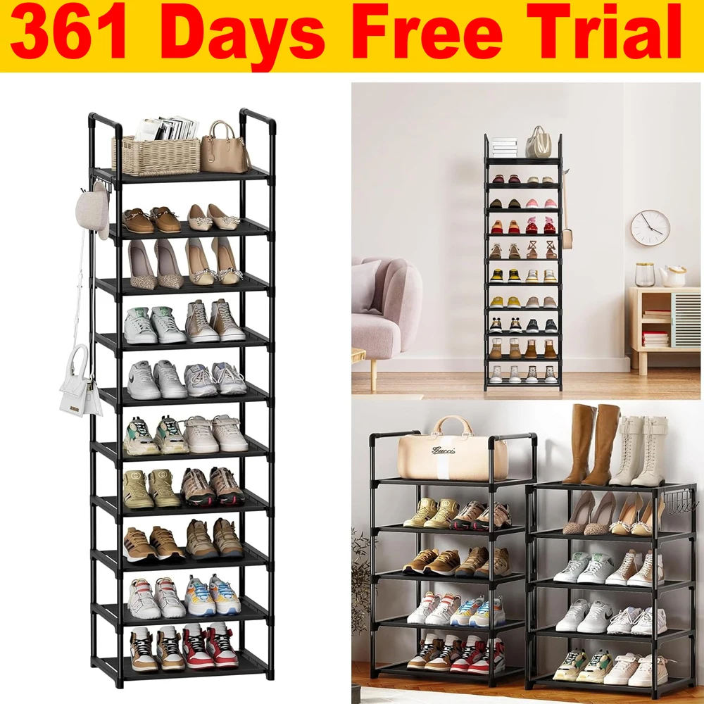 10-stufiges hohes Schuhregal mit Haken, Schuhaufbewahrungsorganizer, stapelbarer Schuhständer für Wohnzimmer, Eingangsbereich, Flur, Garderobe