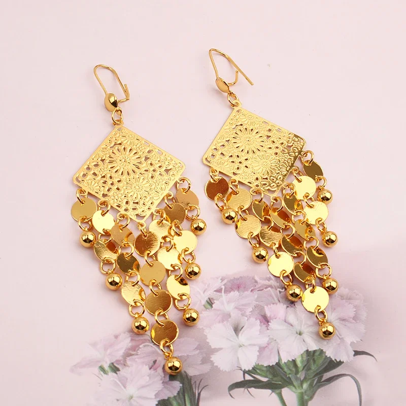 Women Earrings Coin Gold Plated Metal Bead Pendant Kurdish Wedding Jewelry Bridal Earrings Modern Women\'s 2023 New Accessories