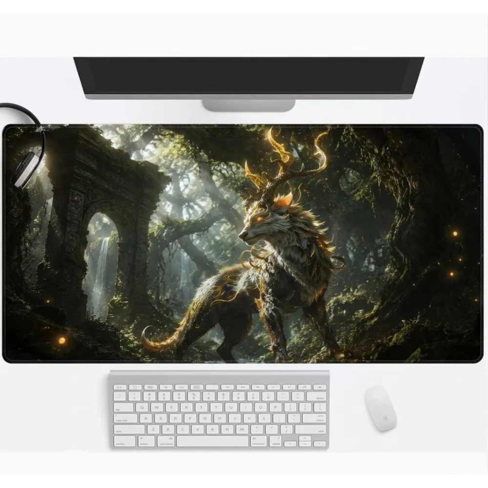 Large game mouse pad, extension table mat, mythical golden wolf dream forest ruins desk accessories alfombrillas para escritorio
