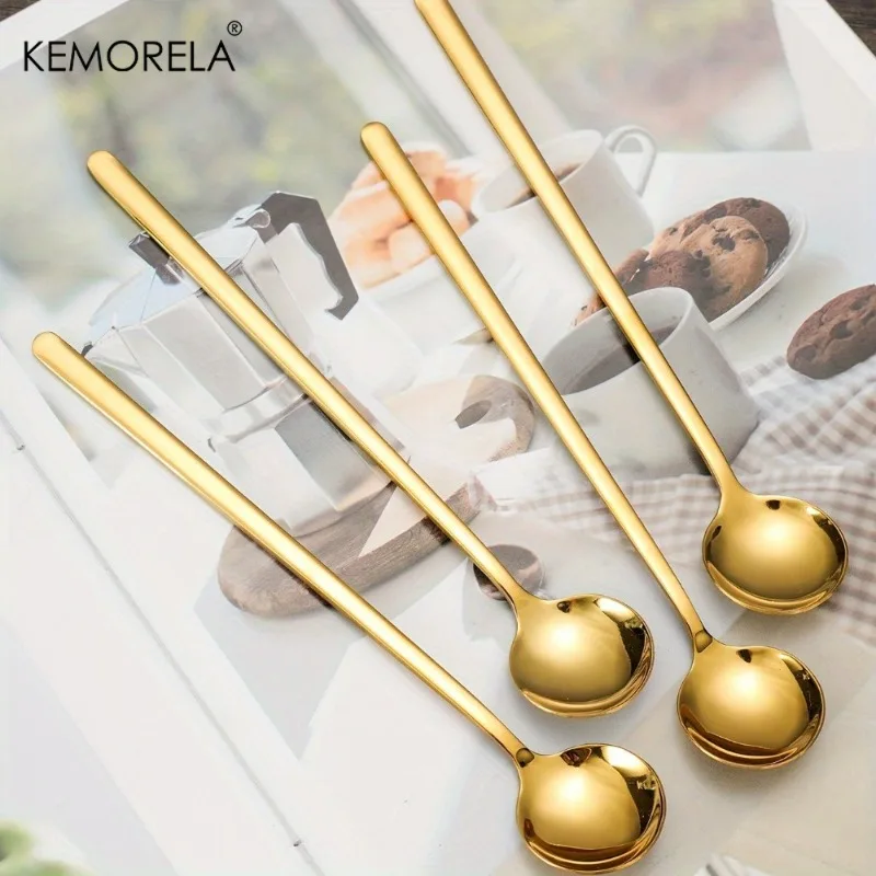 4PCS Golden/Silver Stainless Steel Long-Handled Spoon Coffee Stirring Tea Spoon Versatile Kitchen Utensils for Home Entertaining