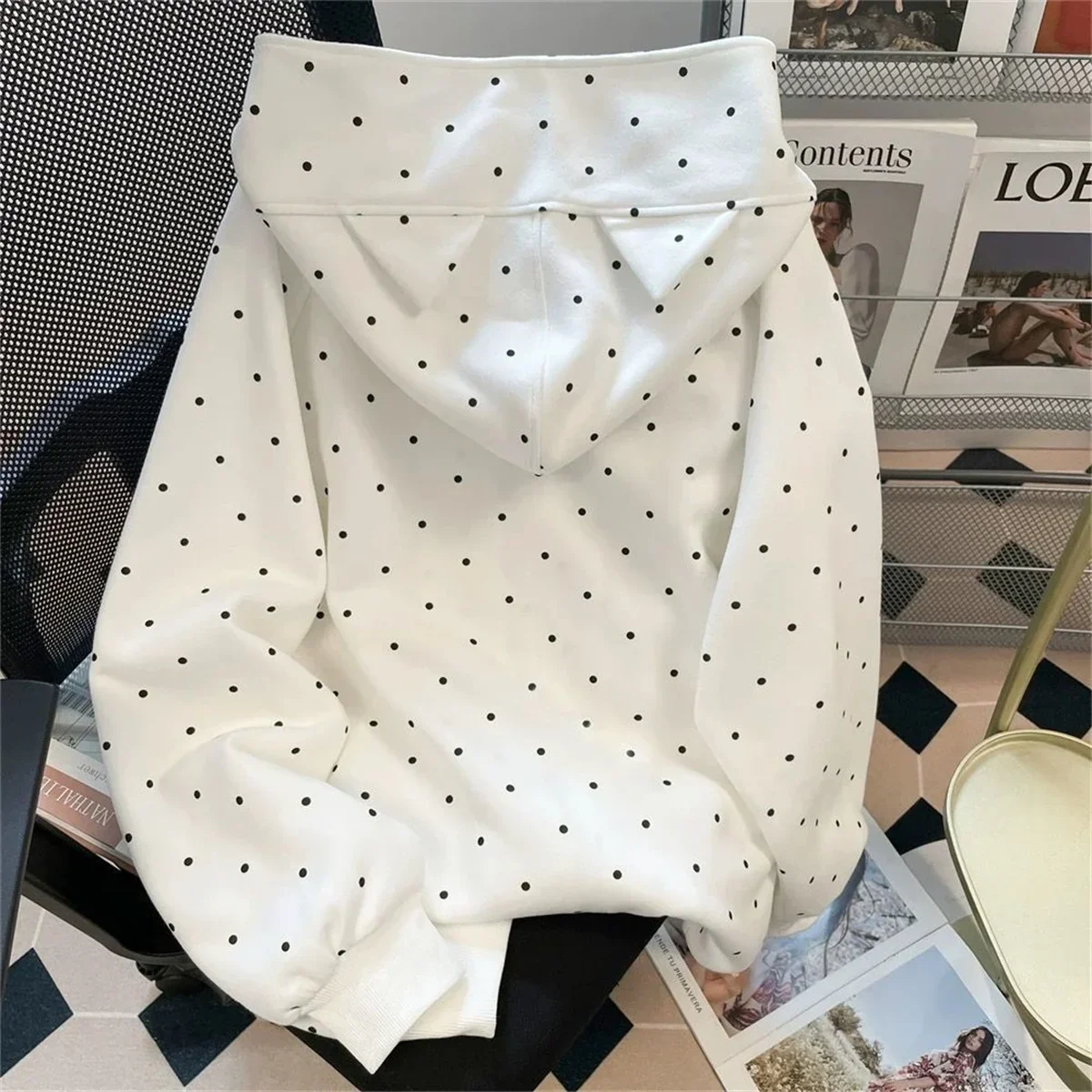 Niedlicher Polka-Dot-Katzen-Hoodie mit Stickerei, Herbst-Winter, süßer, lockerer Schnitt, Reißverschluss-Cardigan-Jacke, Harajuku Casual Sweatshirts, Neu 2025 – Detail 2