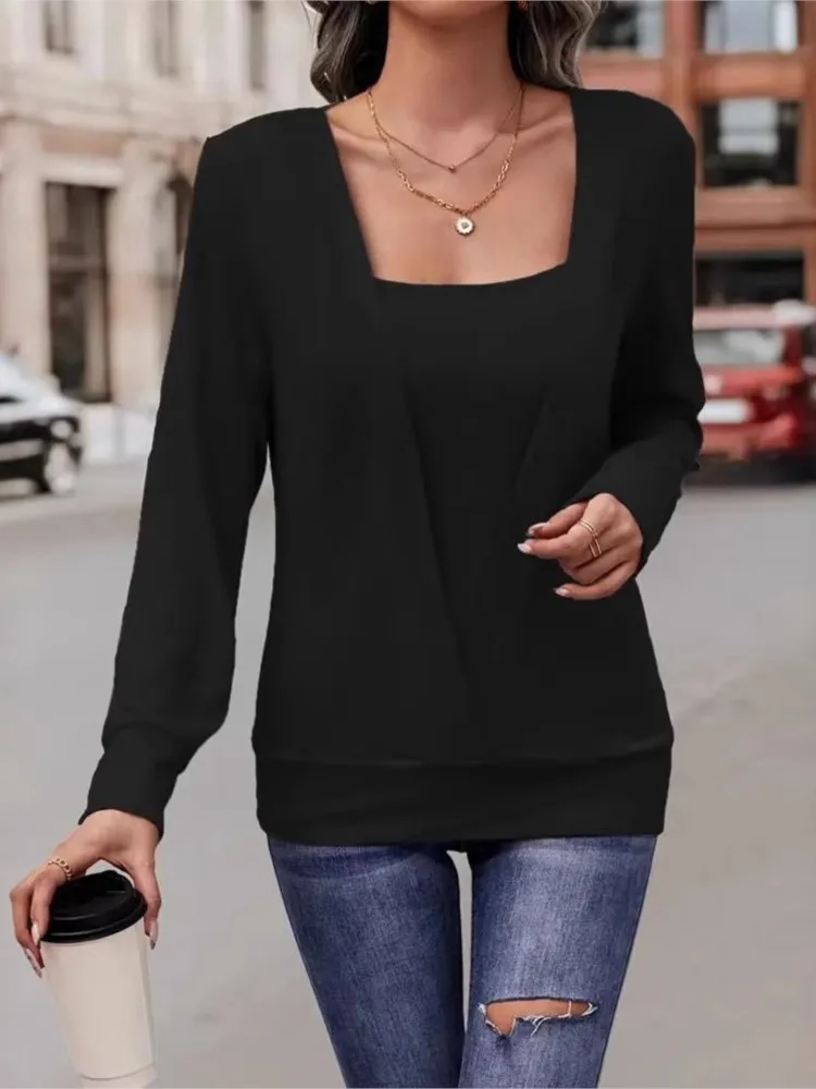 Fashion Solid T Shirt Top For Women Elegant Long Sleeve Square Collar Pullover Tshirt Tops Lady Casual Office Women's Clothing