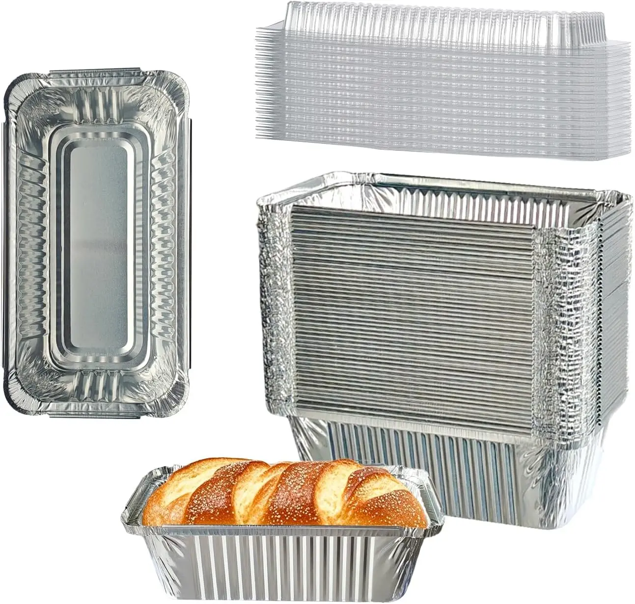 Paquete de 50 Moldes Desechables de Aluminio para Pan de 6.9x3.7 Pulgadas con Tapas, Mini Moldes de 1 Libra para Pasteles y Almacenamiento de Alimentos