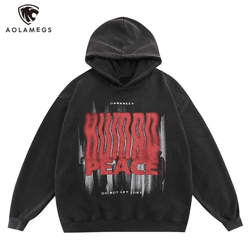 

Aolamegs Men Inkjet Letter Print Hoodie American Street Casual Sports Loose Pullover Hooded Sweatshirt Y2K Hip Hop Streetwear