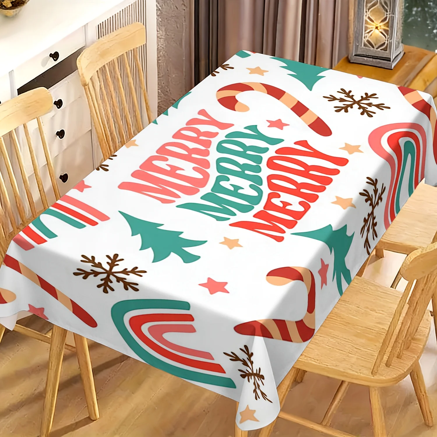Cute Rainbow Xmas Candy Tablecloth, Soft Rectangular Washable Table Cover for Daily Dining Family Winter Holiday Gathering Decor