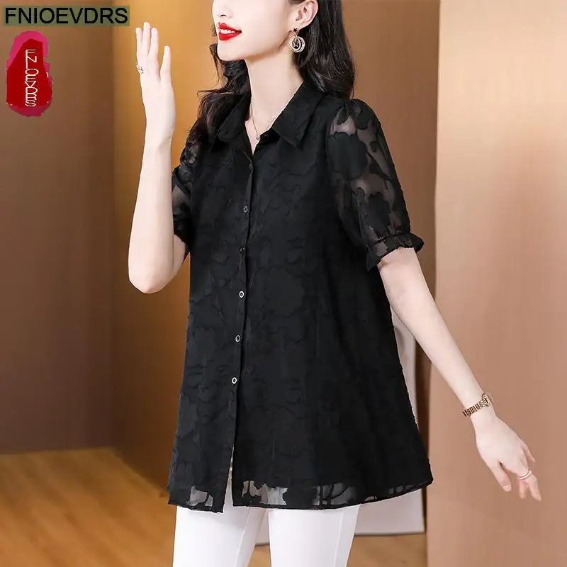 M-5XL 2023 Women Summer Short Sleeve Elegant Office Lady Work Button Shirt Casual Tunic Black Lace Tops And Blouses