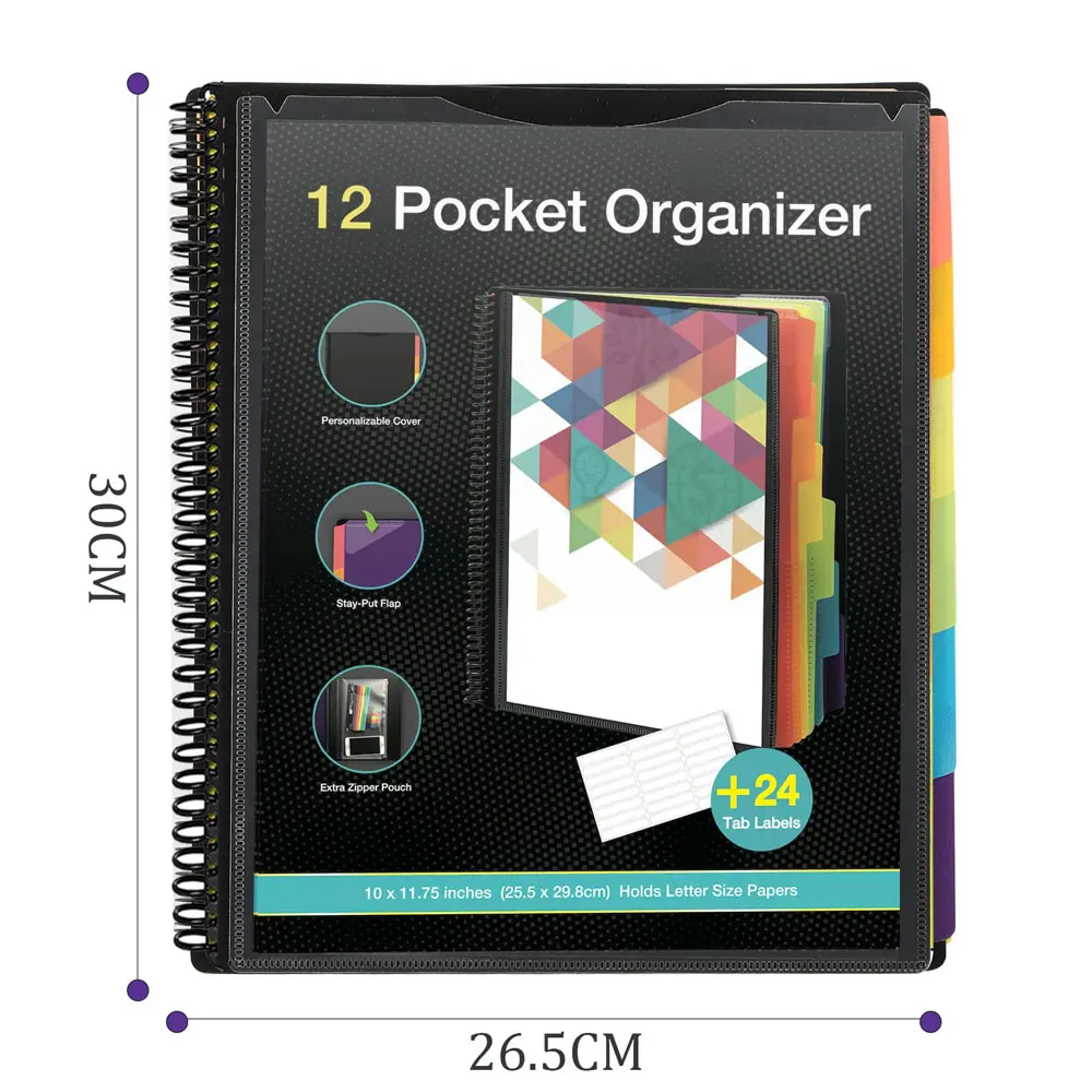 12/24 Pockets Project Organizer, Folder Binder Spiral Pocket Storage Bag with Zipper Pocket, 6/12 Divider Pockets, Letter Size