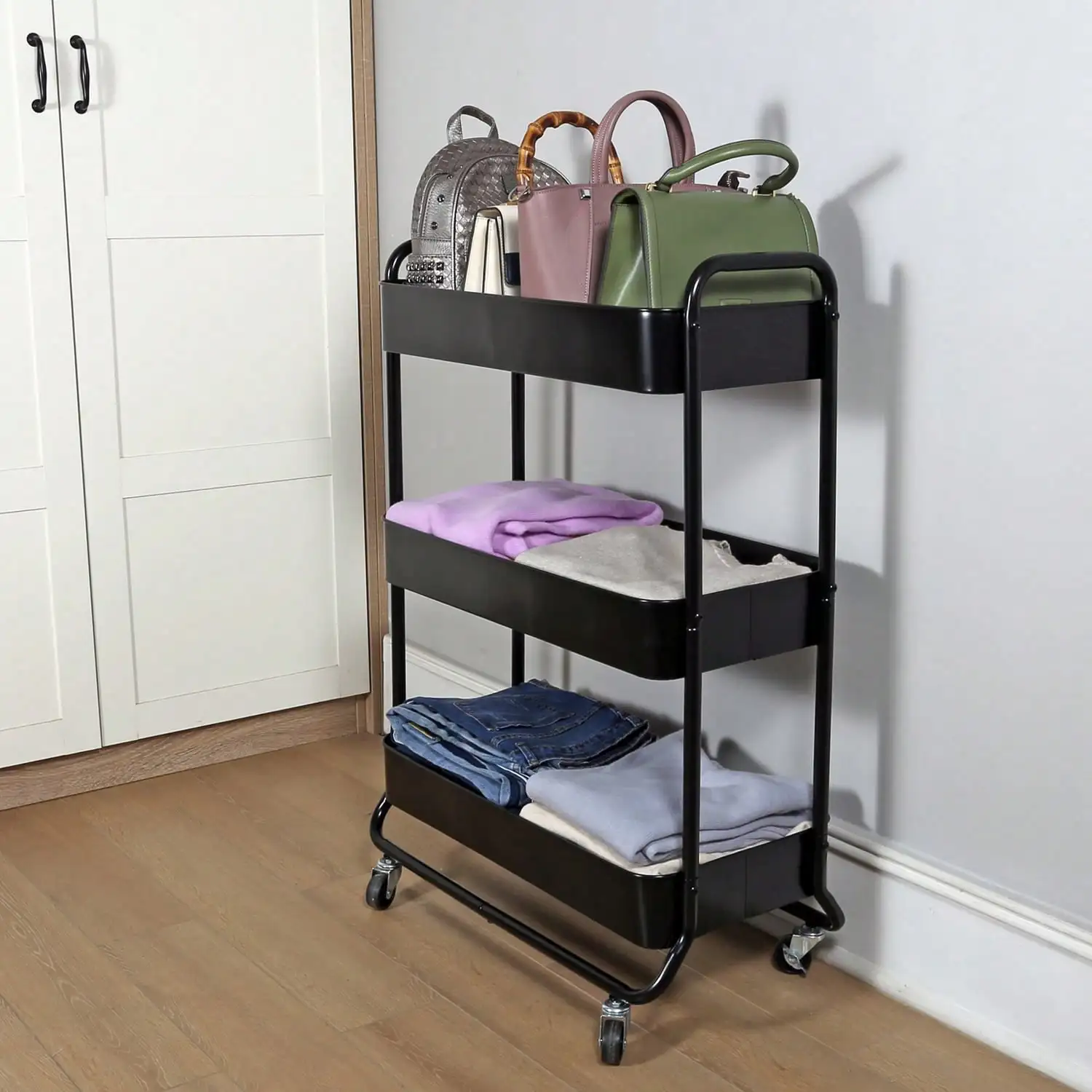 รถเข็นอเนกประสงค์โลหะสามชั้นตัวกว้าง สีดํา