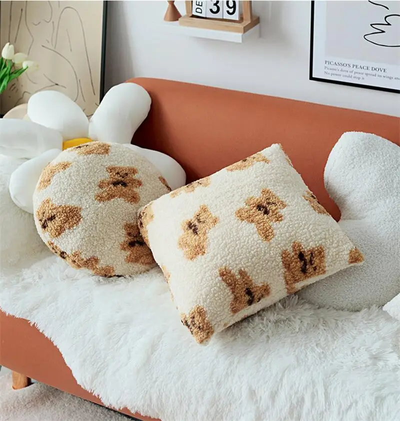 Cute Bear Lamb Fleece Pillow Cushion Cover Soft Waxy Plush Sofa Throw Pillowcase Car Seat  Cushion Pillow Cover Bedroom  Decor