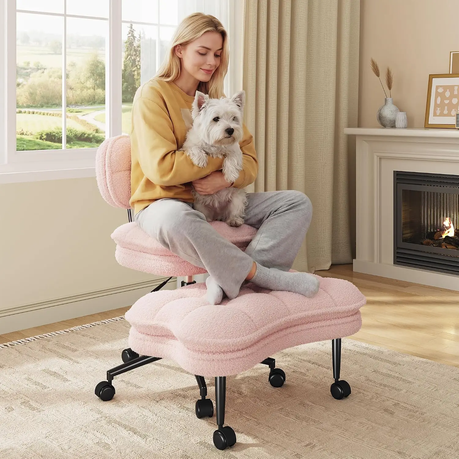 Pink Plush Cross Legged Office Chair with Footrest, 350 lbs Capacity, Customized