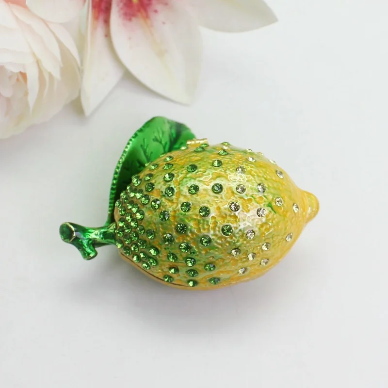 SHINNYGIFTS Lemon Trinket Box Enamel Hinged Jewelry Box Hand Painted Collectible Fruist Metal Figurine Home Decor Gift Box