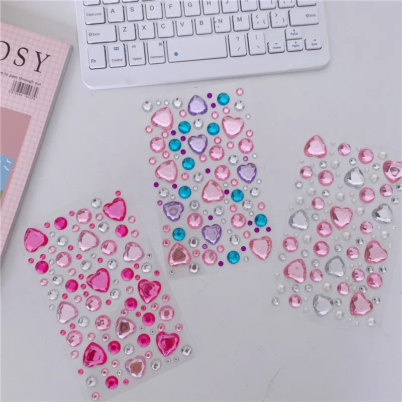 Heart Mix Stickers Acrylic Diamond Paper Round Laser Anime Girl for Phone Case Self Adhesive Crystal Colorful Craft