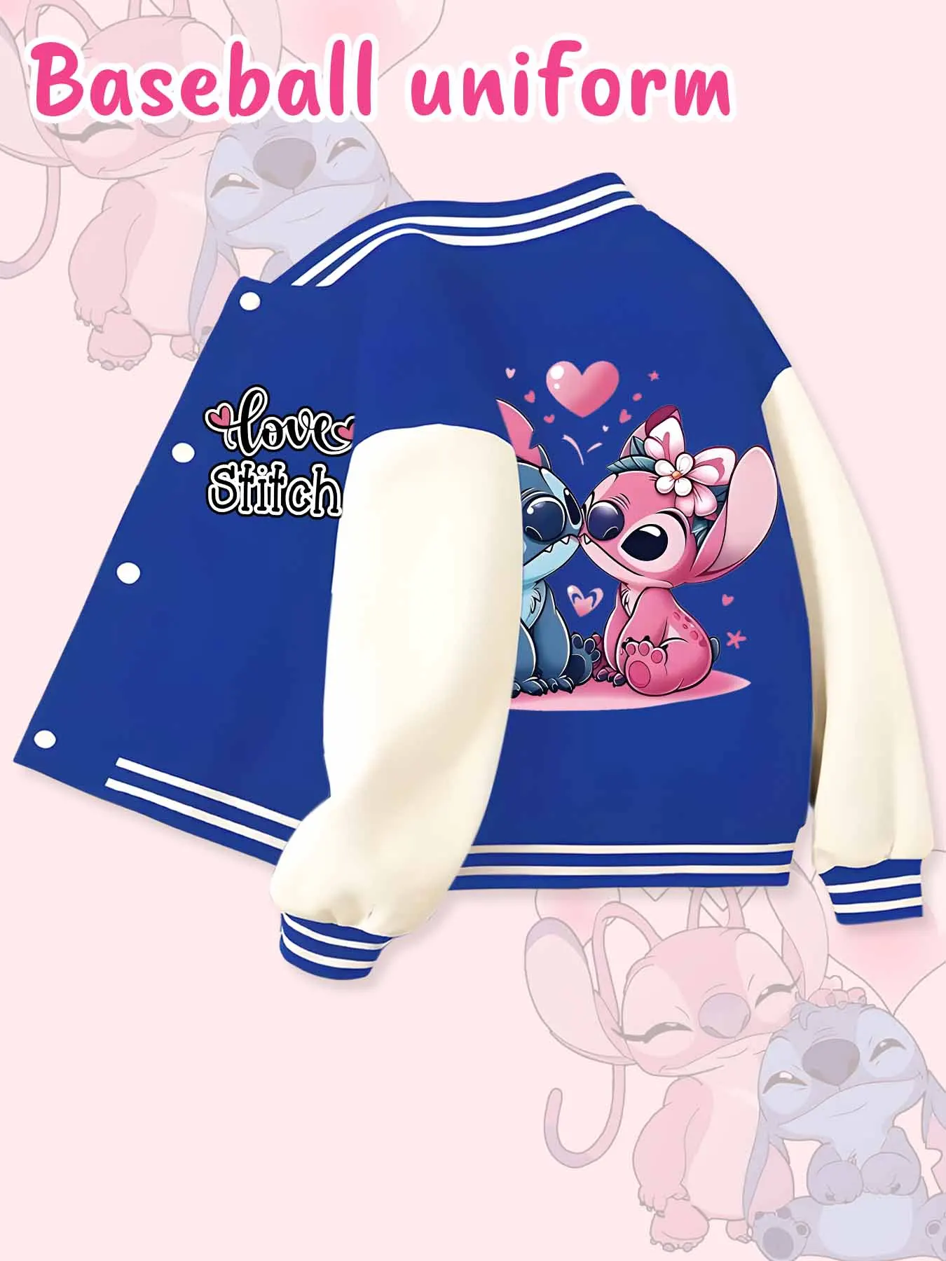 Jaqueta de beisebol tendência da moda Disney, adequada para esportes diários e roupas casuais, impressa com lindo padrão Stitch, belo presente.