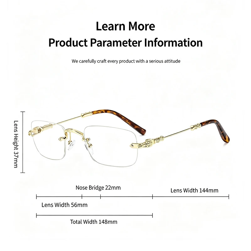 Versatile Handcrafted Rimless Eyeglasses Frame, Vintage Style Support Photochromic Lens, Blue Light Blocking Presbyopic