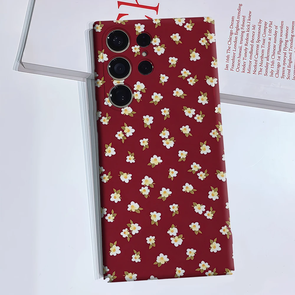 Burgundy Mini Daisy Bloom Phone Case for Samsung Galaxy S26 S25 Ultra S24 S23 Ultra Plus Glossy Double-layer Back Cover
