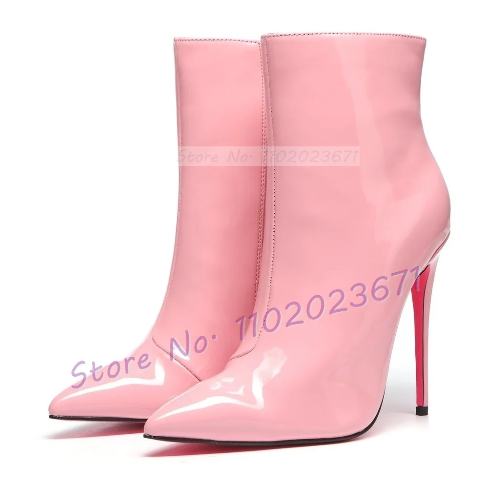 Pink Sole White Ankle Boots Women Pointed Toe Stylish Patent Leather High Heels Boots Female Elegant Casual Croc-pattern Shoes