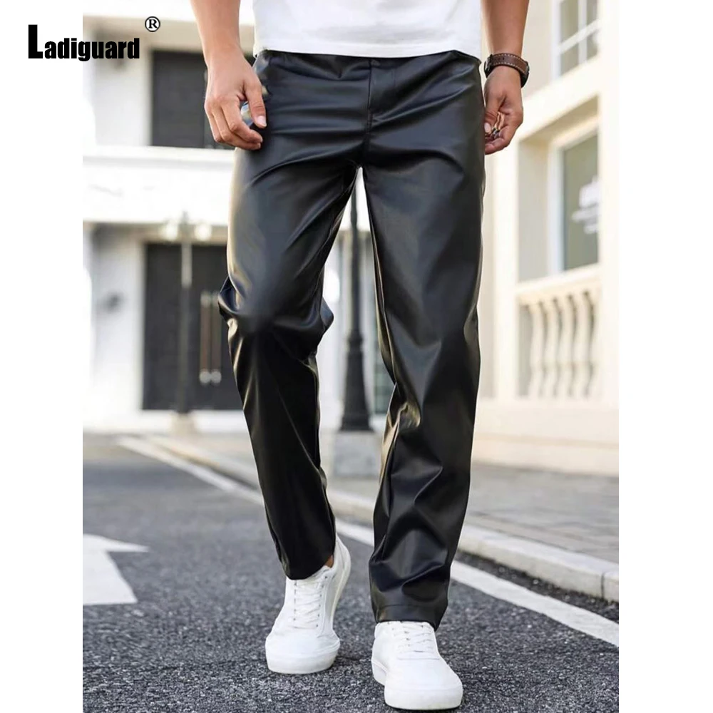 

Ladiguard 2025 Mens Fashion Rock Style PU Leather Pants Sexy Grunge Pants Men's Straight Faux Leather Motorcycle Trousers New