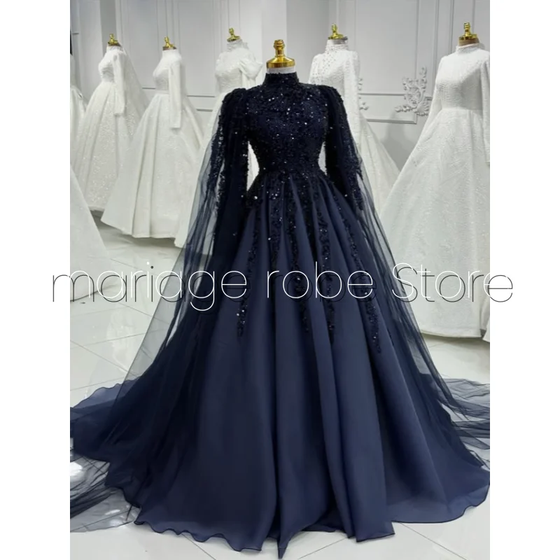 Dark Blue Muslim Gorgeous Wedding Dresses Long Sleeve Beaded Sequins Arabian Bridal Gowns Customized Women's Wedding Dresses