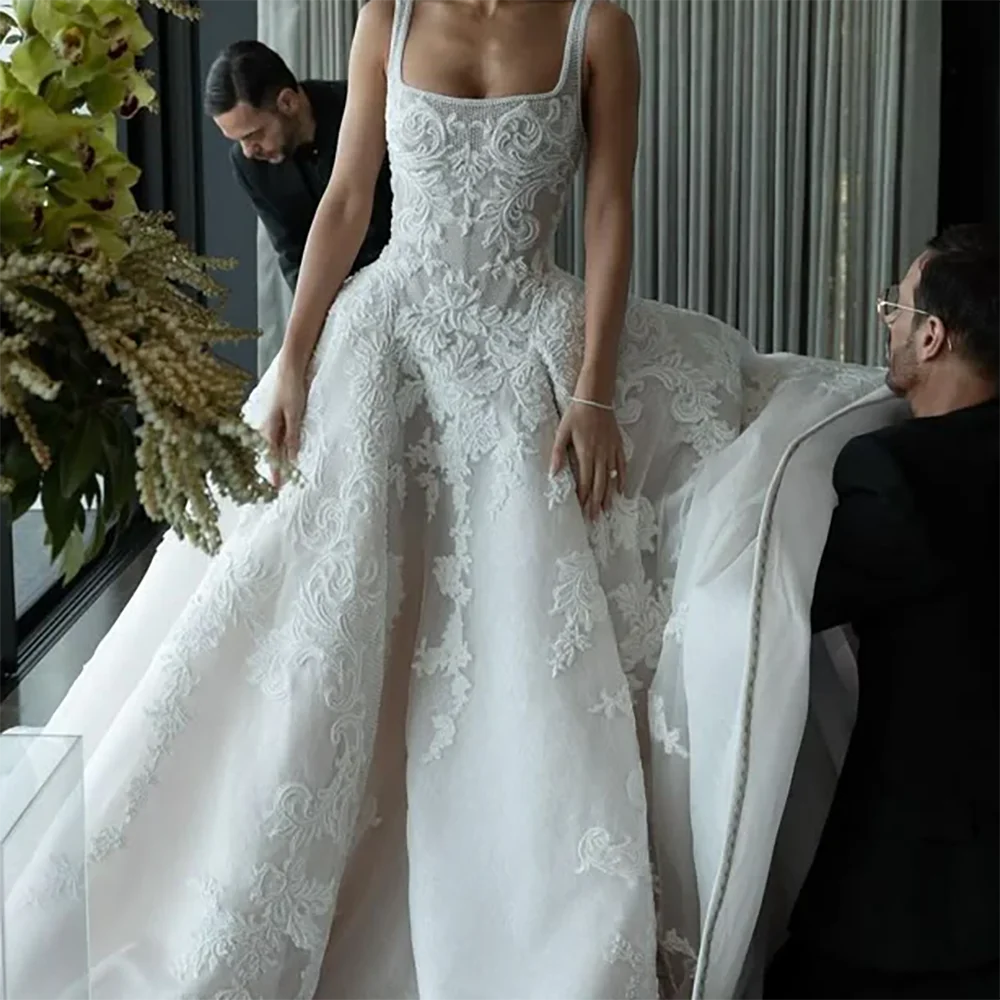 クラシックスクエアカラーノースリーブプリーツAライン花嫁のウェディングドレスブライダルドレスカスタマイズ