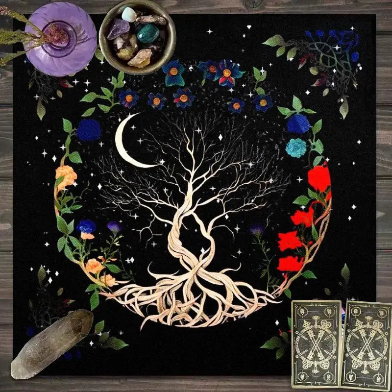 VIKAMA Tree of Life Crescent Flowers Tarot Tablecloth Mysterious Divination Altar Cloth Ritual Table Mat Background Cloth