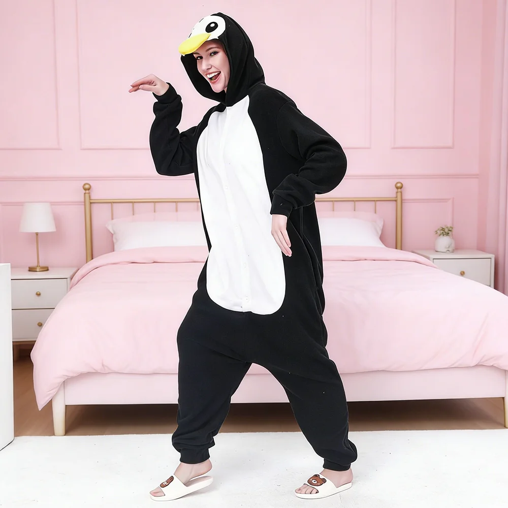 

Черный фланелевый комбинезон-кигуруми «Пингвин» с капюшоном, унисекс, для взрослых, пижама-кигуруми, аниме-пижама, цельный комбинезон для сна