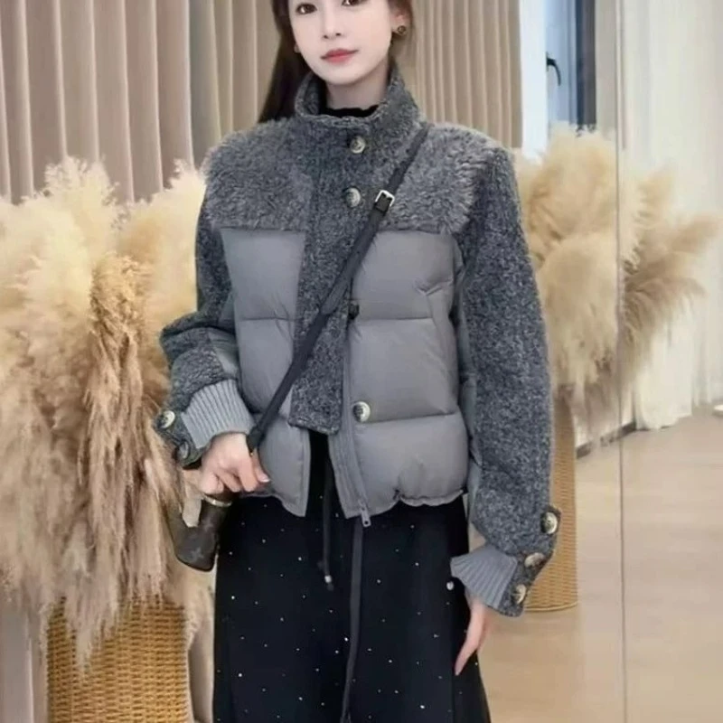 

European American Style Fashionable Stand-up Collar Lambskin Patchwork Down Jacket for Women 2026 Winter Fashion Short Warm Coat