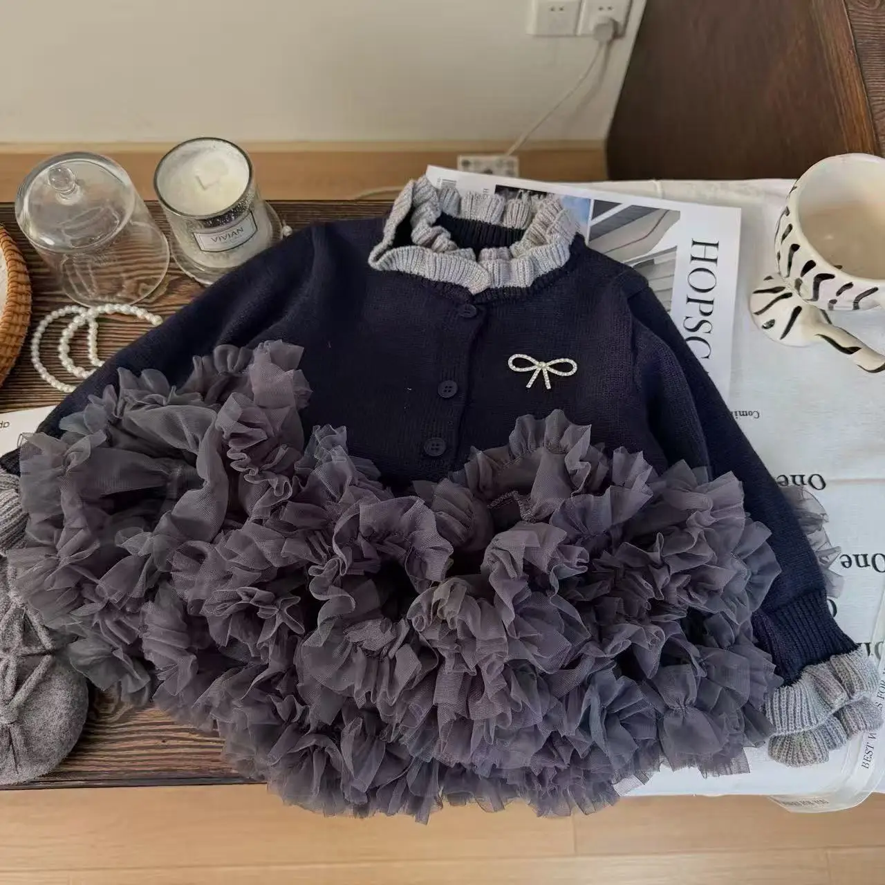 

Spring Autumn Elegance Cardigan Knitted Sweater+Puffy Short Tutu skirt 2Pcs Girls Sets Childrents Kid Elegance Party Clothes