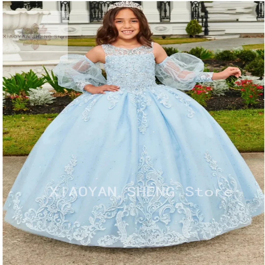 

Blue Flower Girl Dress For Wedding Pink Lace O-neck Tulle Puffy Applique Dress First Communion Birthday Ball Gowns