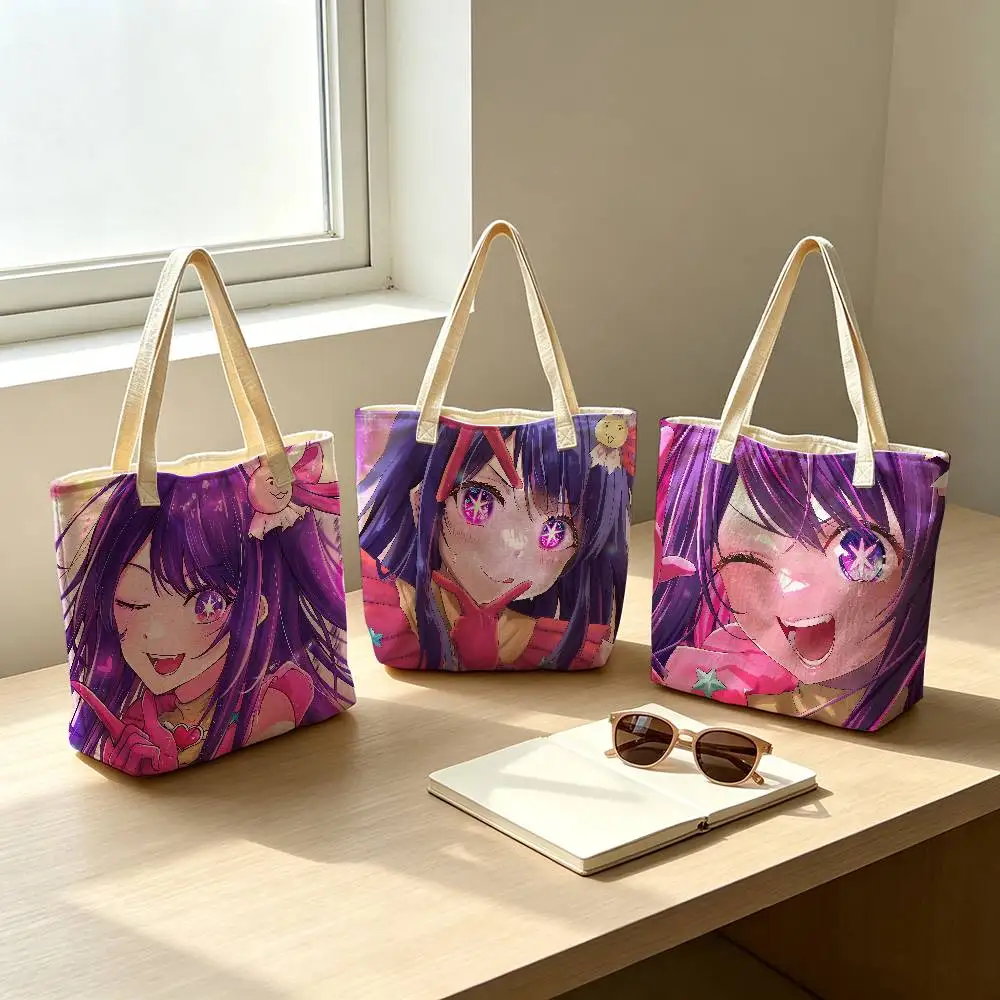 Anime Oshi No Ko Hoshino pattern printed canvas tote bag, suitable for daily use, shopping, school, and travel