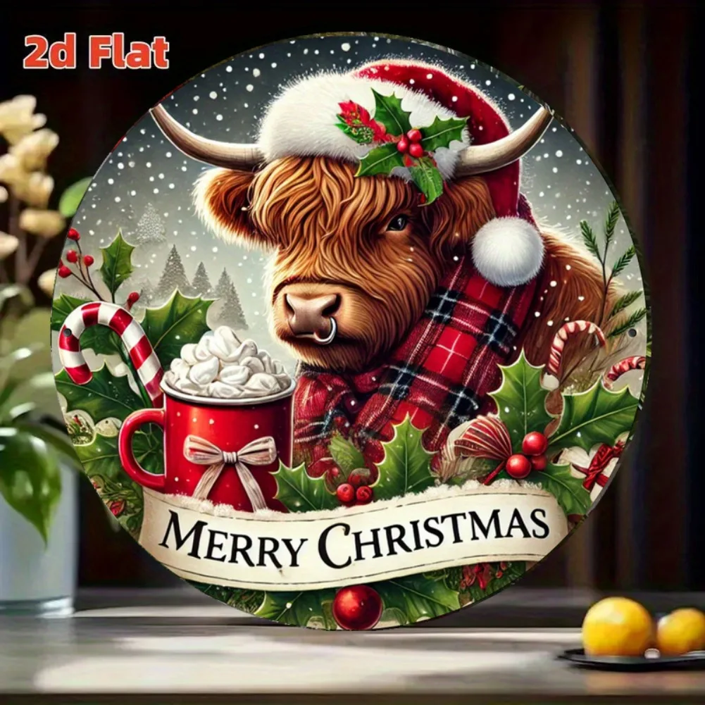 Vintage Retro Highland Cow Christmas Round Metal Tin Sign – 2D Flat Products Design with Enhanced Depth & Artistic Detailing, Fe