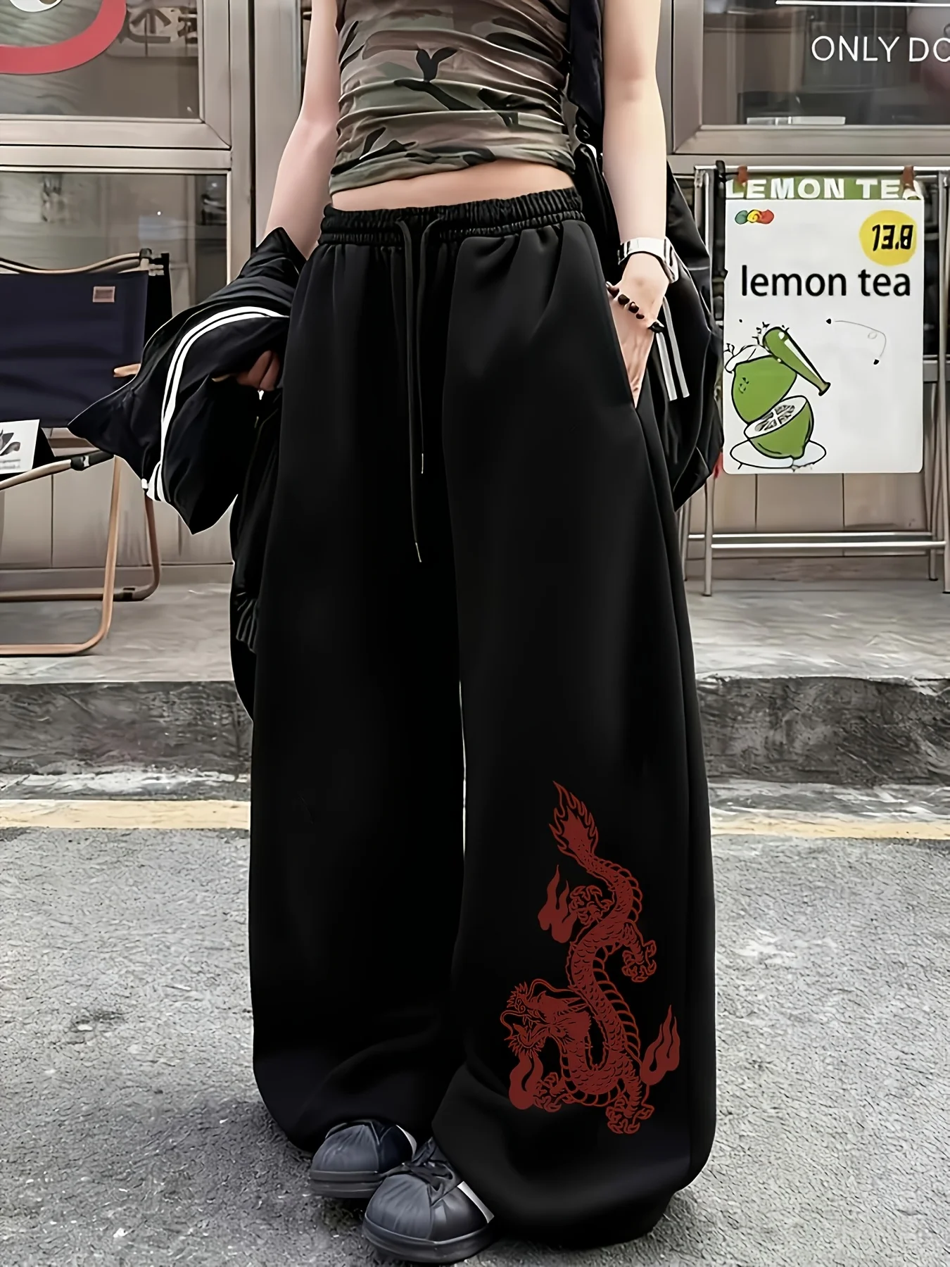 Women's Dragon Pattern Print Fleece Sweatpants for Autumn and Winter Warm Casual Loose Stylish and Versatile Streetwear Trendy