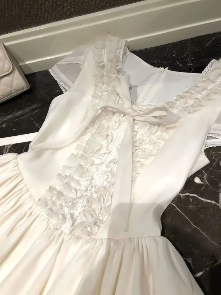 فستان الأميرة الحلو الصيفي الفرنسي الأنيق للنساء بأكمام قصيرة ورقبة مستديرة مع فيونكة دانتيل فستان حفلات صغير أنيق ملابس عصرية